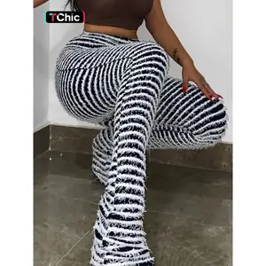 Women's Striped Print Fuzzy  Skinny Pants, Casual Comfy Trousers for Fall & Winter, Women's Bottoms for Daily Wear