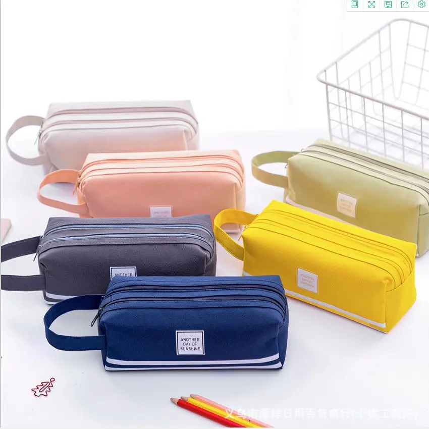 Double Zipper Large Capacity Pencil Case With Hand Strap Simple Solid Color Oxford Stationery Pouch Portable Pen Storage Bag Back To School Supplies Gift For Kids Teens Boys Girls Classroom Daily School Accessory Holiday Gift