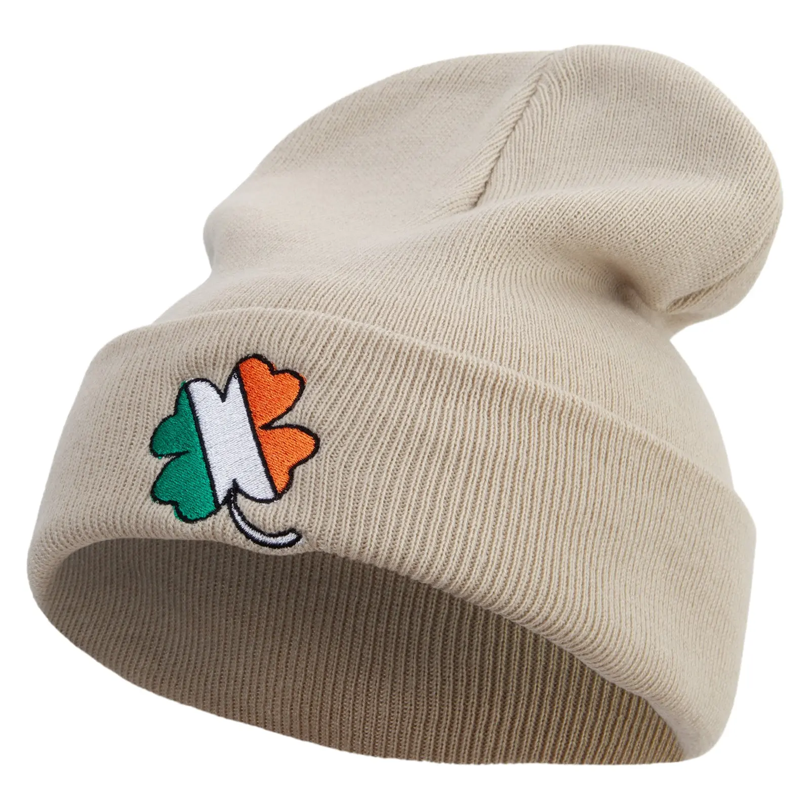 Irish Clover Embroidered 12 Inch Long Knitted Beanie