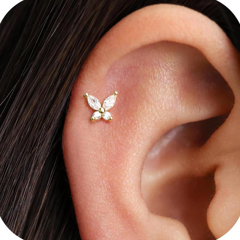 925 Sterling Silver 18K Gold CZ Butterfly Screw Back Stud Earrings for Women Cartilage Tragus Earlobe Conch Piercing Jewelry
