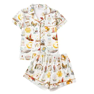 Women's All Over Print Pyjamas Two-piece Set, Casual Comfy Short Sleeve Lapel Neck Pajama Top & Elastic Waist Shorts PJ Set, Ladies Sleepwear, Loungewear Pajamas Set, Casual Pajama Sets