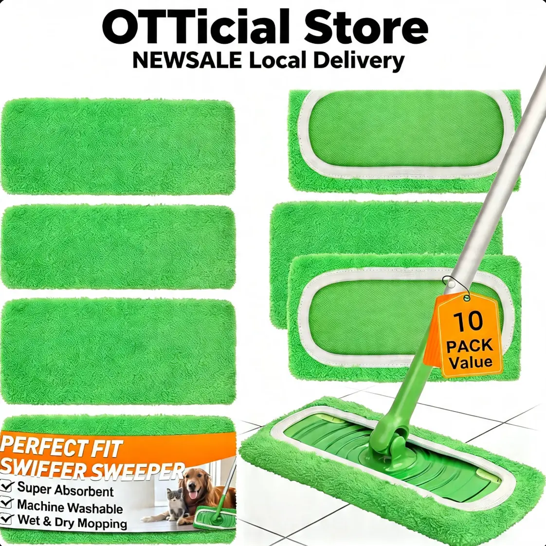 10 Pack Reusable Microfiber Mop Pads for Swiffer Sweeper ("10×4.5 Inch"&”17×5Inch“) - Wet & Dry Cleaning Cloths - Mop Head Replacement Washable Refills for Household Floors (10Pack Green)