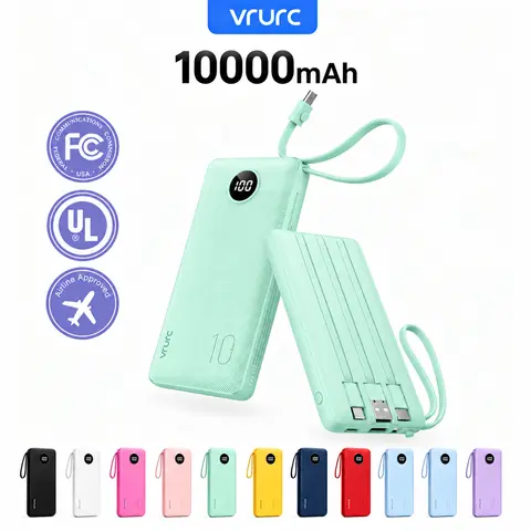 VRURC 10000mAh Portable Power Bank - Rechargeable Smartphone Gadget with 4 Built-in Type-C/USB-A Cables, LED Display, Advanced Safety Features, Multi-Device Charging for iPhone/Android, Green - Ideal for On-the-Road, EDC (Batteries, Cells Included)