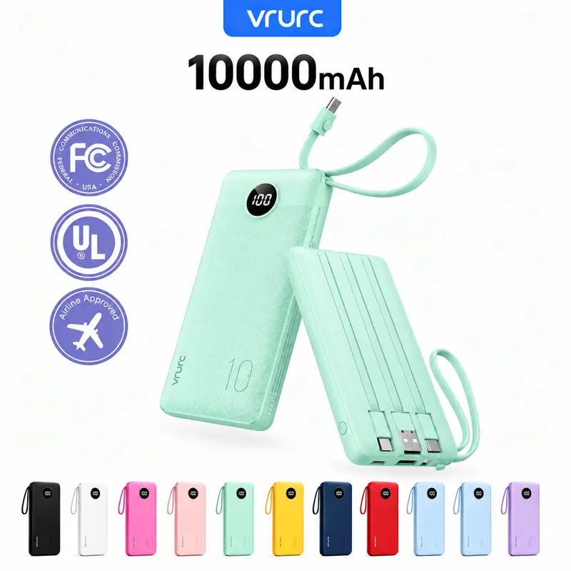 VRURC 10000mAh Portable Power Bank - Rechargeable Smartphone Gadget with 4 Built-in Type-C/USB-A Cables, LED Display, Advanced Safety Features, Multi-Device Charging for iPhone/Android, Green - Ideal for On-the-Road, EDC (Batteries, Cells Included)