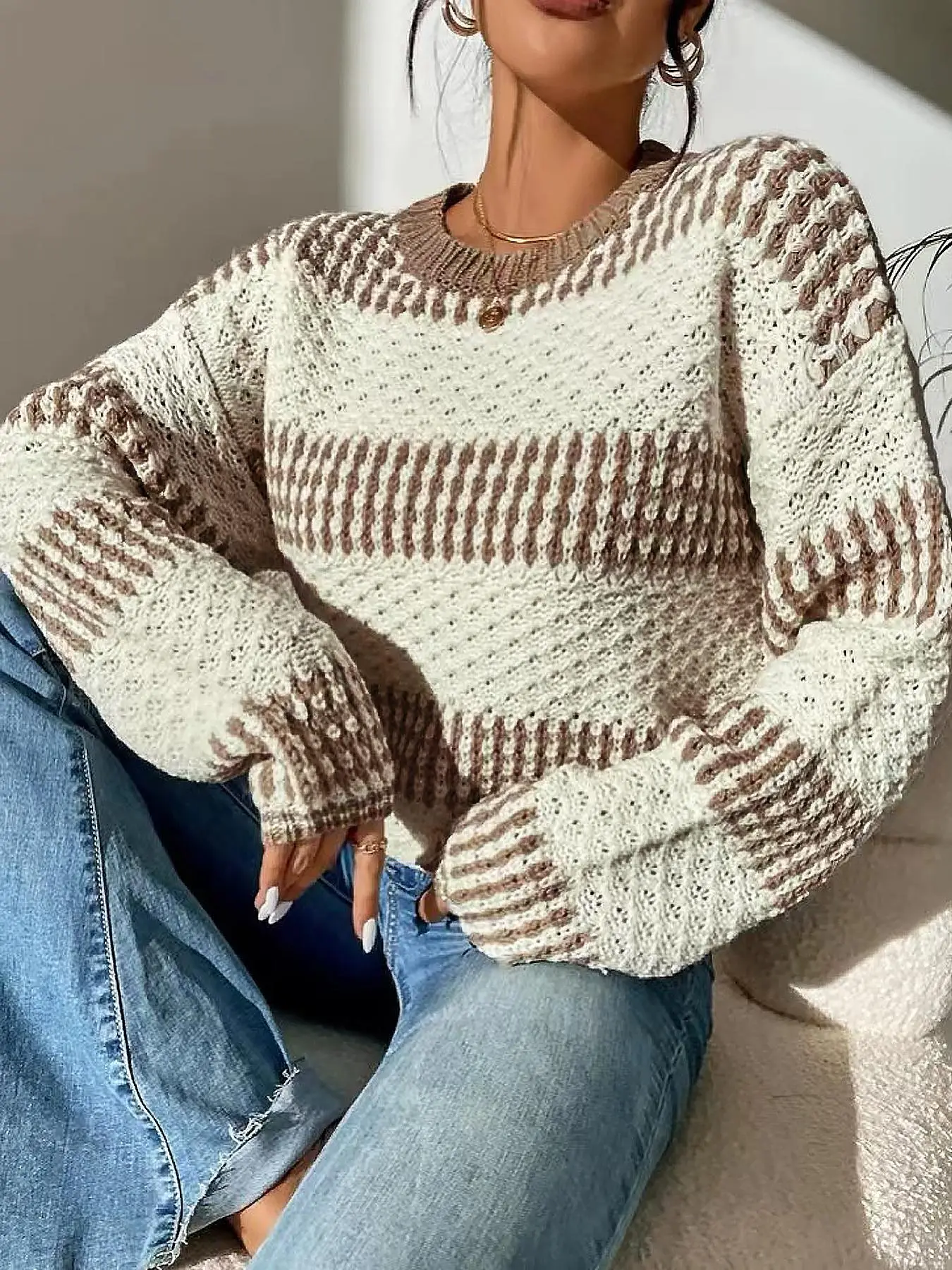 Women's Striped Print Drop Shoulder Sweater, Casual Long Sleeve Round Neck Jumper for Fall & Winter