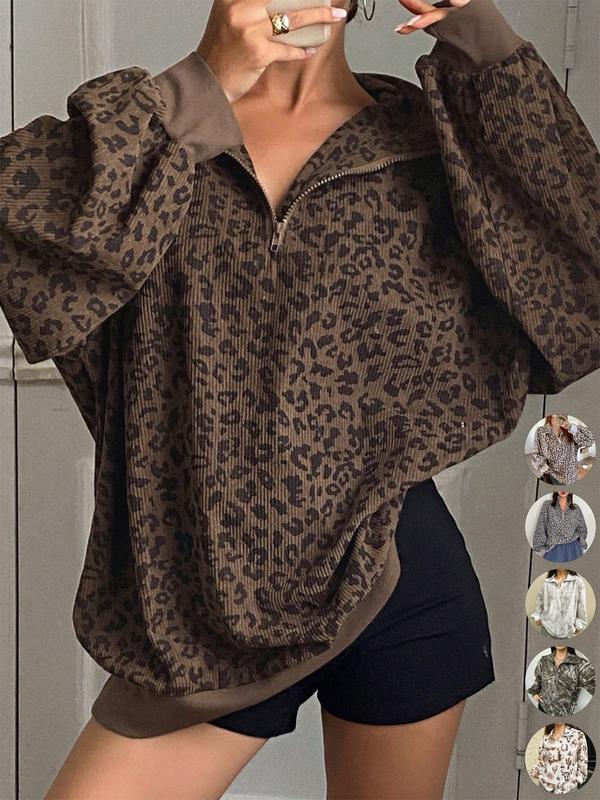 Women Casual Zip Up Front Corduroy Long Sleeve Leopard Print Sweatshirt,Fall Clothes