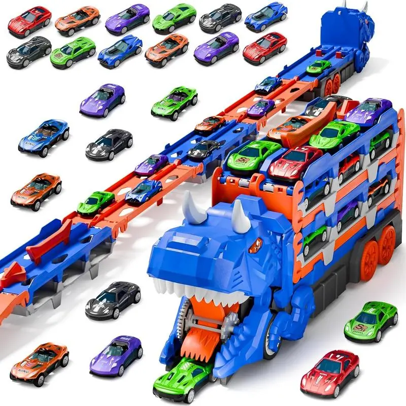 Dinosaur Car Carrier Playset - Transforming Dinosaur Transport Truck with 12 Mini Diecast Metal Cars, Launch Ramps, Storage, Toddler Toy for Ages 3-6, Diecast Metal Car