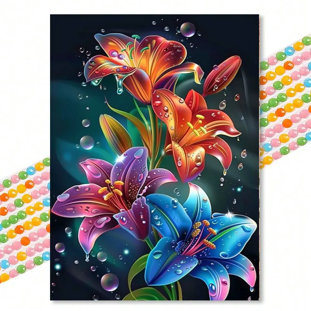 Colorful Dew Lily Diamond Painting Kit, Cyberpunk Style Round Drill Full Set 30x40cm DIY Craft for Adults Stress Relief Home Wall Decor Diamond Pattern Design