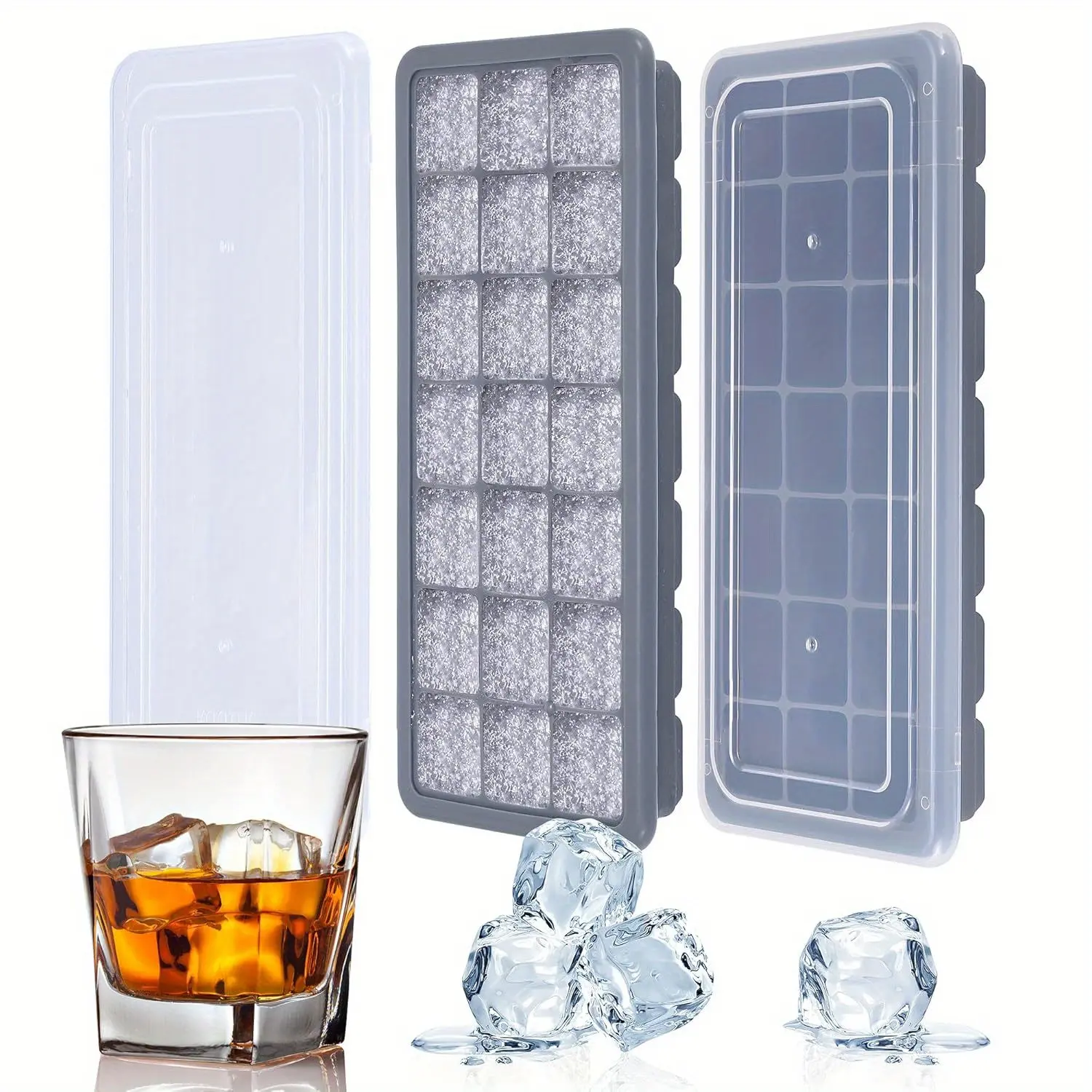 2 Pack Ice Cube Trays  Silicone Ice Cube Molds with Lid with 21 Cavity Flexible Ice Mold for Beverages Cocktail Coffee Juice Drinks