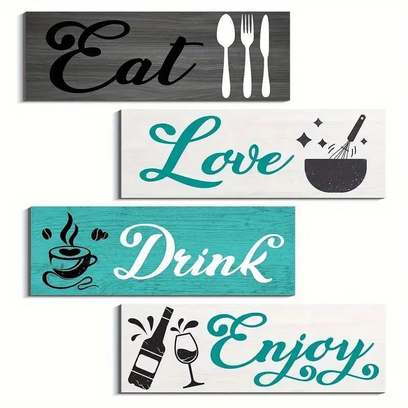 Kitchen Dining Wooden Wall Decor, 4 Counts/set Eating and Drinking Tableware Wooden Board Painting Decoration, Dining Room Sign Wall Art, Decoration Items, Home Decor, Home Decor Products