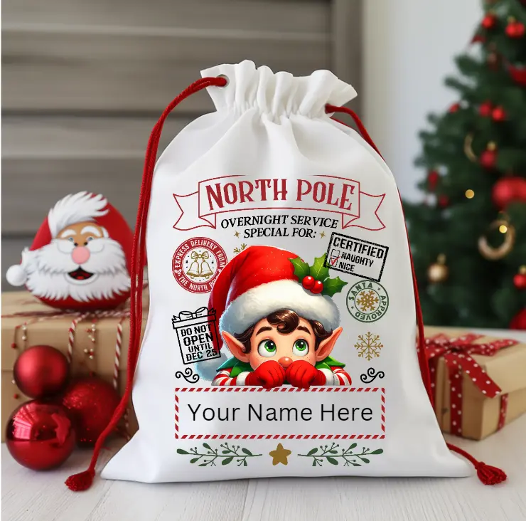 Customizable Personalized Name Christmas Santa Sack - 19x28" Synthetic Polyester, Red and White Drawstring, Festive Decor Gift Bag for Family, Unisex Home Party Supply Accessory, Gift Holding, Decorative