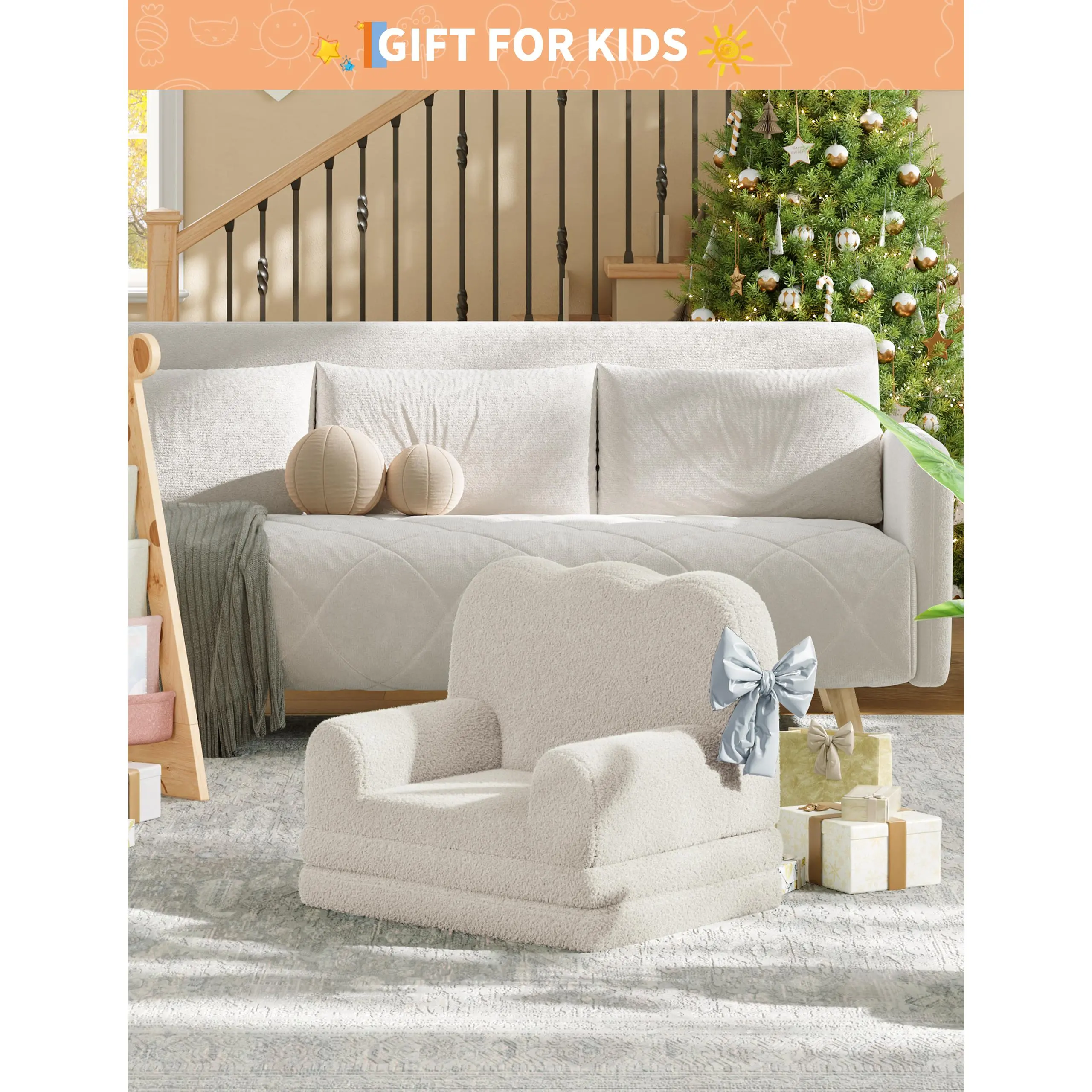 2-in-1 Convertible Kids Sofa Couch - Fun Furniture for Children, Soft Fold-Out Toddler Chair Lounger, Stuffed Fleece, Comfortable Foam, 7.2 lbs, Ideal for Playroom, Nursery, Great Birthday Gift