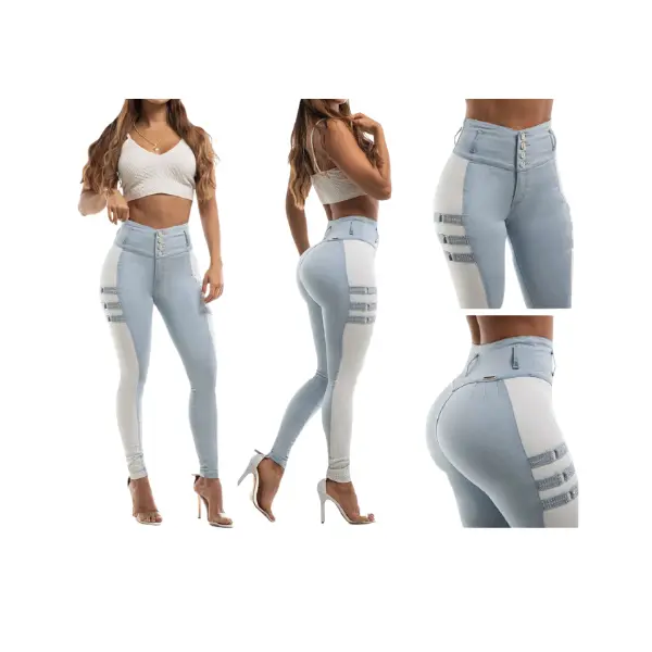 Premium Colombian jeans for women with two tones with subtle rhinestone detail, push-up effect WITH A FIT THAT ENHANCES YOUR FIGURE, 4-button WAISTBAND, skinny bootcut. Beautiful denim jeans.