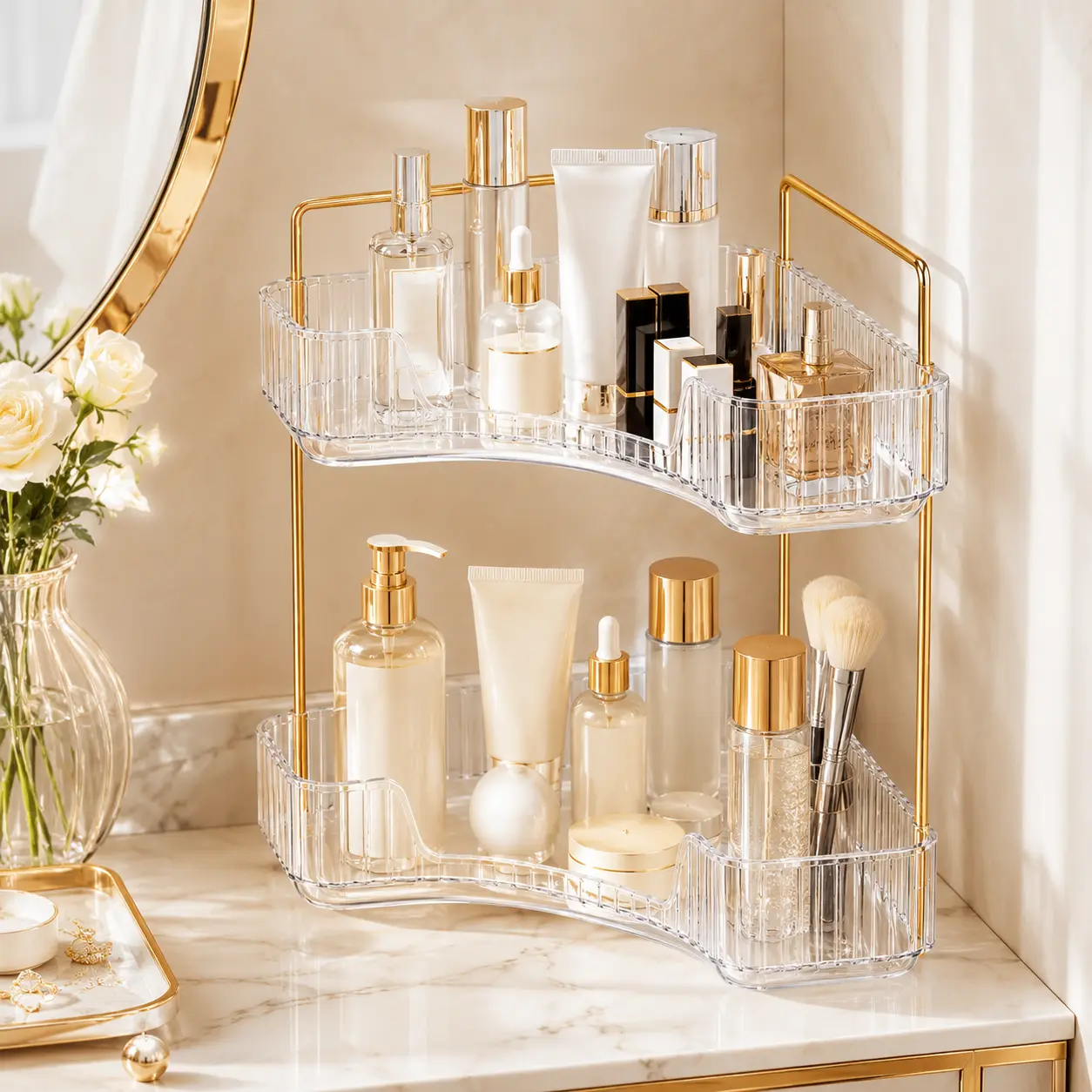 2-Tier Clear Acrylic Style Corner Bathroom Countertop Organizer, PET Cosmetic Skincare Perfume Tray Rack with Gold Metal Posts, Compact Vanity Sink Cubby Shelf, Modern Home & Apartment Organization