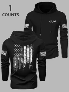Men's Trendy Hooded Long Sleeve Tee Shirt, Versatile Flag Series Print Design, Casual Daily Wear & Outdoor Fashion Style