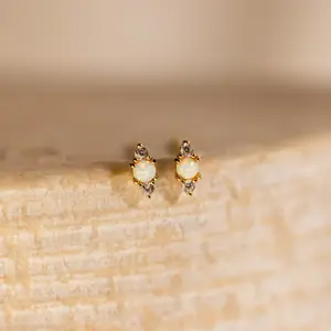Opal and Diamond Studs by Caitlyn Minimalist - Dainty Everyday Crystal Stud Earrings - Gold Cartilage Earring - Opal Jewelry - Bridesmaid Gift for Her