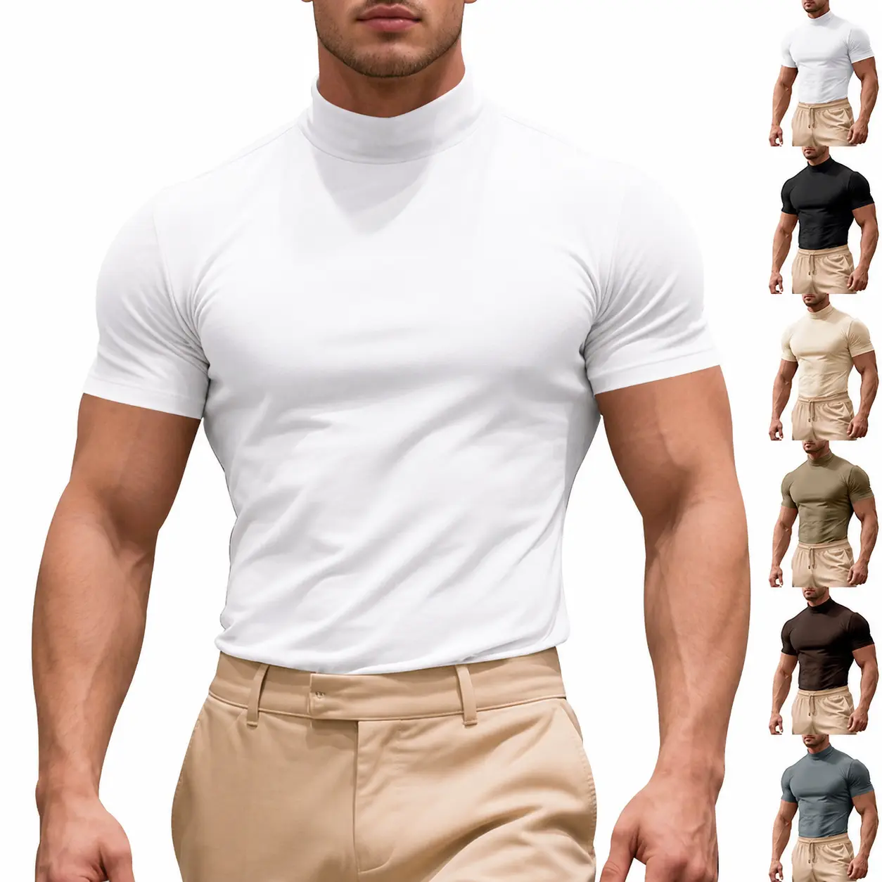 Men’s Solid Color Turtleneck Short Sleeve T-Shirt, Tight Fit Basic Base Layer Top for Summer Gym Workout, Fitness Training Outdoor Sports & Daily Wear
