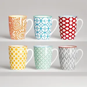 Coffee Mugs Set of 6, 12 oz Ceramic Coffee Cup with Handles, Porcelain Mugs for Latte Cappuccino Tea Cocoa, Microwave Dishwasher Safe, Aesthetic Home Office Cups for Women Men (Assorted Color)