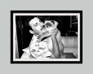 Freddie Mercury With Cat Poster, Black and White, Vintage Photography, Retro Wall Art, Freddie Mercury