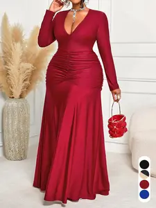 Plus Size Elegant Slim-Fitting Long Sleeve Maxi Dress, High Waist Ruched Bodycon Dress for All Seasons, Perfect for Valentine's Day and Special Occasions