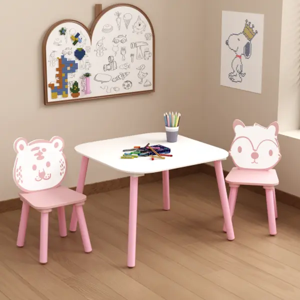 Kids 3-Piece Cute Wood Indoor Home Nursery Furniture Set - Child-Safe MDF Mini Table, 2 Animal-Back Ergonomic Chairs, Waterproof Stable Interior Study Desk (Pink-White, Assembly Required)