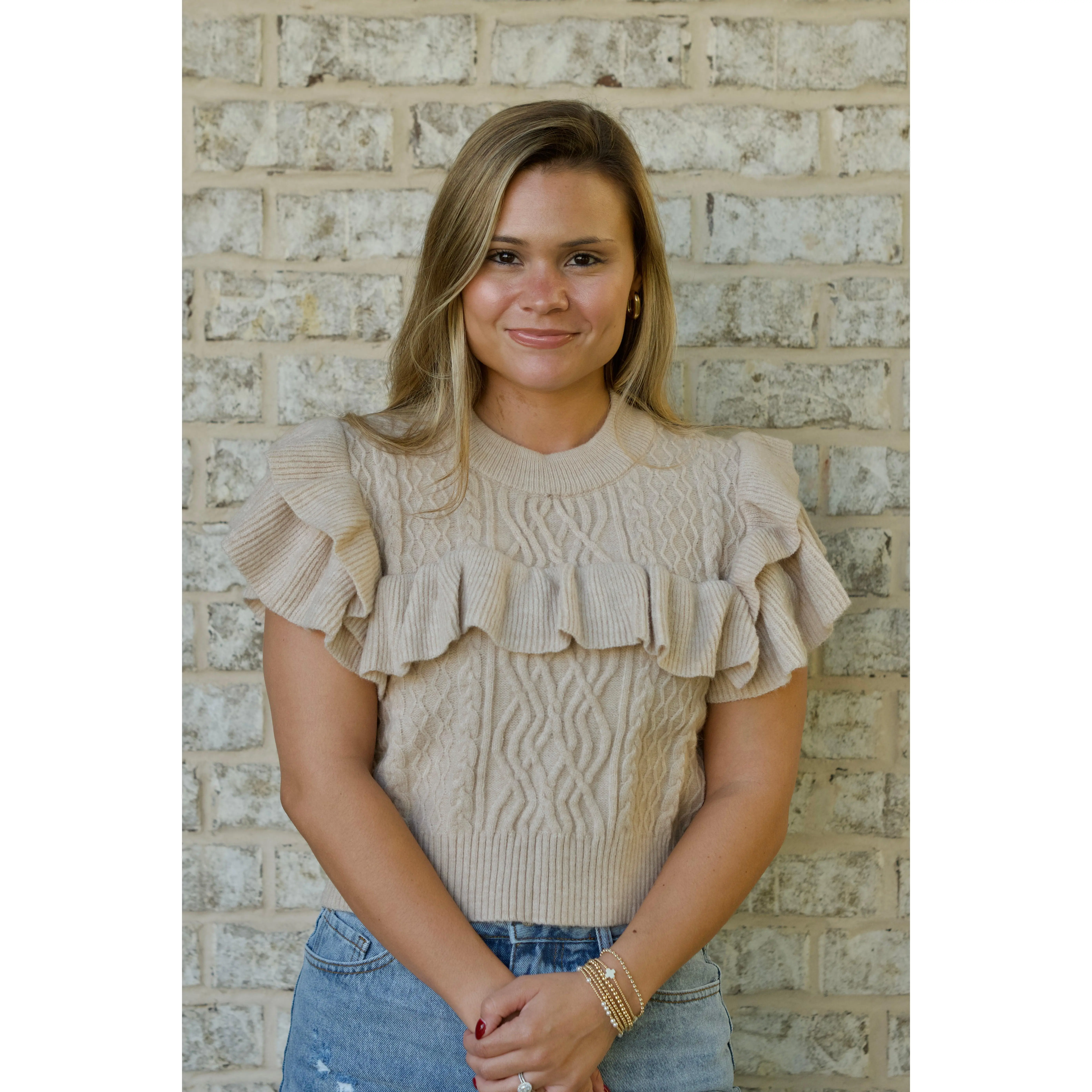 Sleeveless Ruffled Tan Sweater