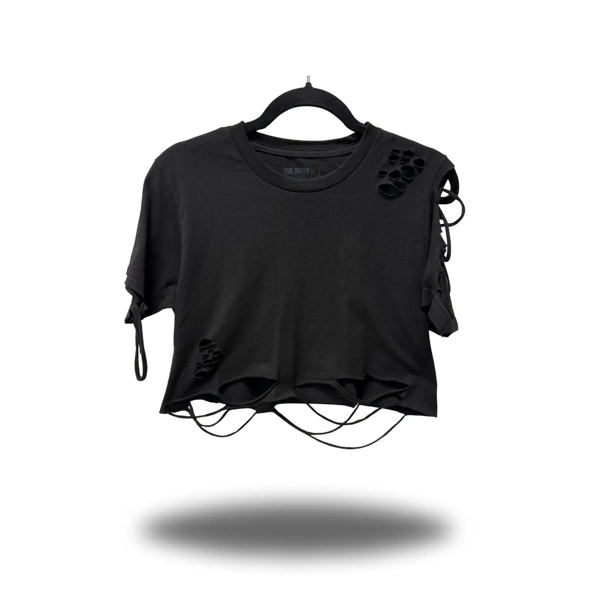 TheDriveClothing Road Rash Slashed Black Crop Top – Y2K Streetwear Hand-Cut Crop Tee, Edgy Biker Fashion, TikTok Viral Festival Outfit, Grunge Urban Style, Unisex Summer Streetwear