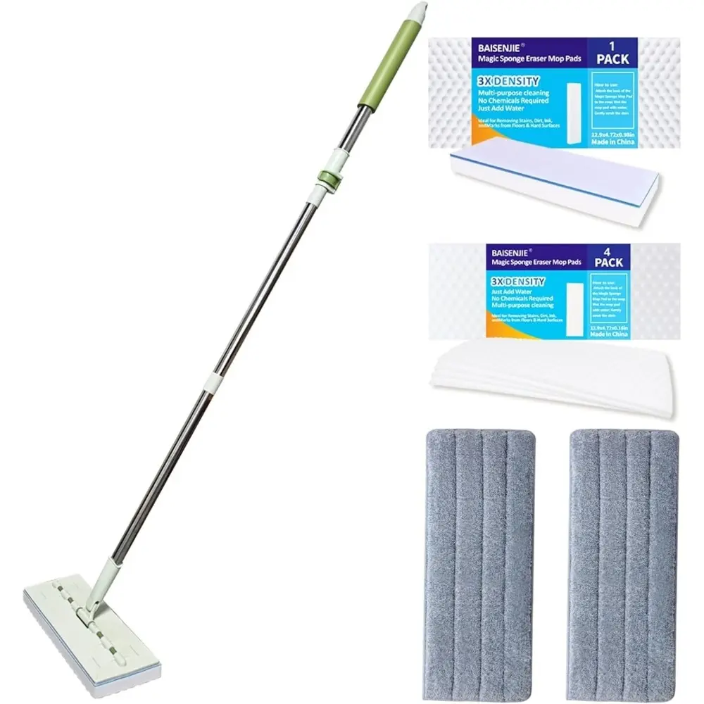Magic Sponge Eraser Mop with 60" Adjustable Handle, 13" Flexible Flat Head, Microfiber Mop Heads, Refill Pad for Wet Use