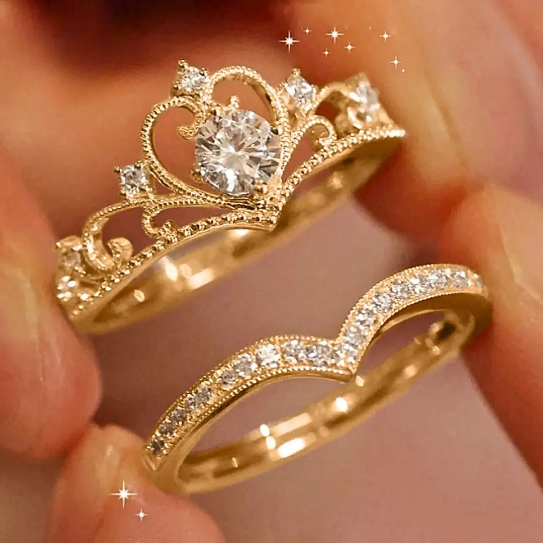 2 pcs/set fashion rings for women, stainless steel, crown shape with Cubic Zirconia, suitable as Valentine's Day gift, promise ring
