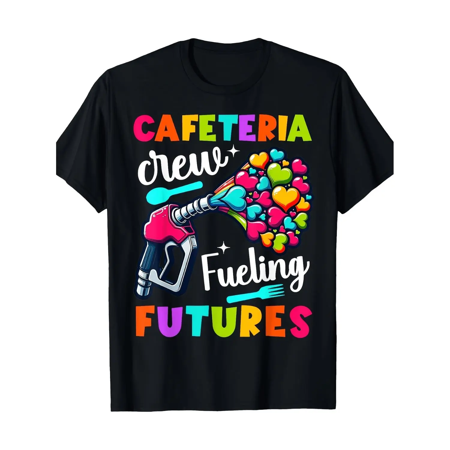 School Lunch Ladies Team Inspirational T Shirt Bright Cafeteria Crewneck Short Sleeve T Shirt with Colorful Food and Heart Design Perfect Gift for Men and Women Everyday Sportswear | Playful Print Tshirt | Comfortable Fit