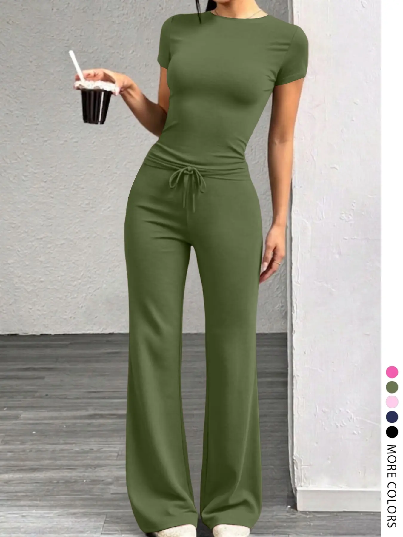 Lw Home Women's Basic Fashion Casual Solid Color Round Neck Short Sleeve Fit T-Shirt and Adjustable Drawstring Pants Set, Summer, Perfect for Home Wear, Clothes