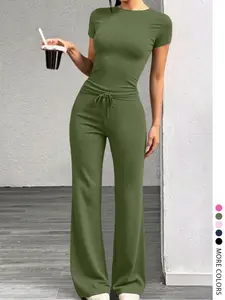 LW HOME Women's Fashion Casual Solid Color Round Neck Short Sleeve T-Shirt and Drawstring Long Pants Set, Summer Women's Wear, Perfect for Home