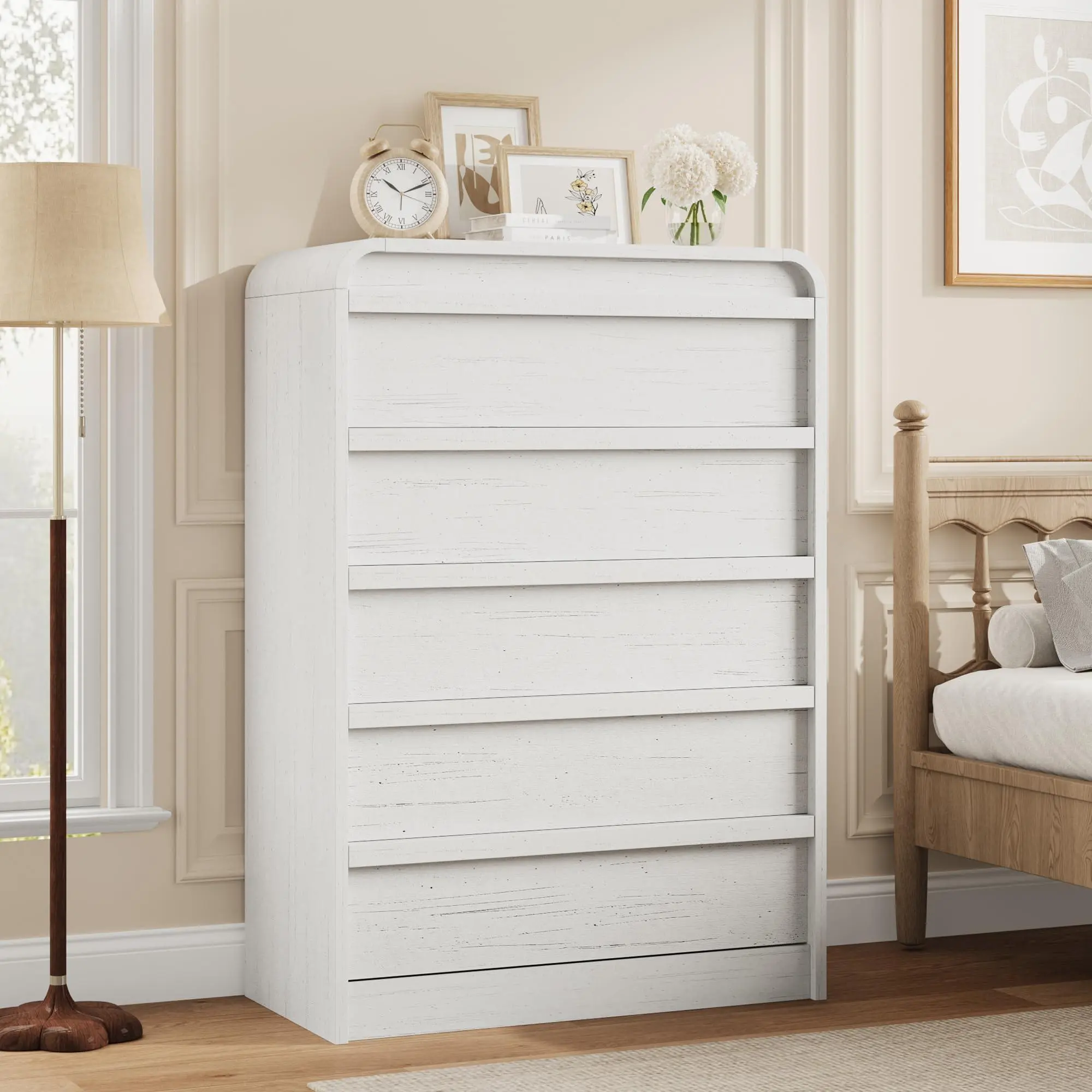 GAOMON 31'' Wide Solid Wood Bedroom Side Table - White Mid-Century Classic Nightstand with Curved Shape, 5 Drawers, Safety Edges, Assembly Required for Versatile Use