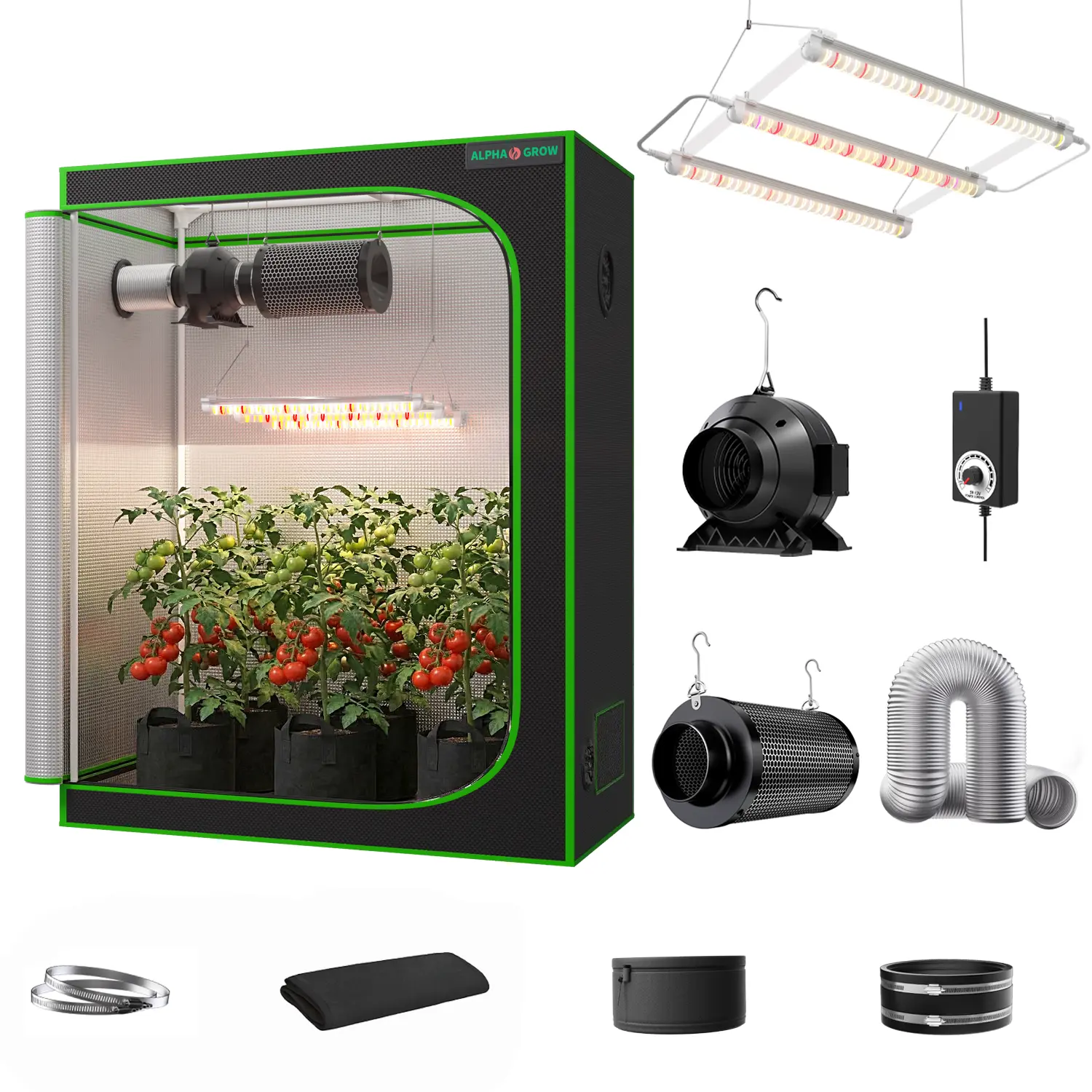 ALPHAGROW 1800D Heavy Duty Greenhouse Grow Tent Kit with 33W Full Spectrum LED, 4-in Ventilation System, Zipper, Mylar, Waterproof 2x2/2x4/4x4 Indoor Hydroponic Growing System
