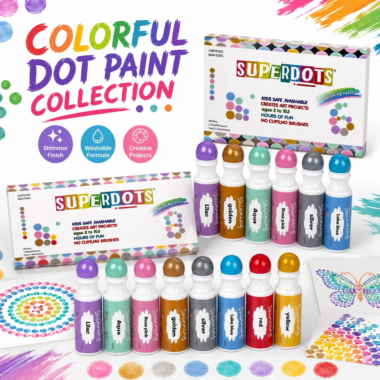Superdots Shimmer Glitter Dot Markers Set - 6 & 8 Color Washable Ink Bingo Daubers, Back to School Kids Arts & Crafts Gift