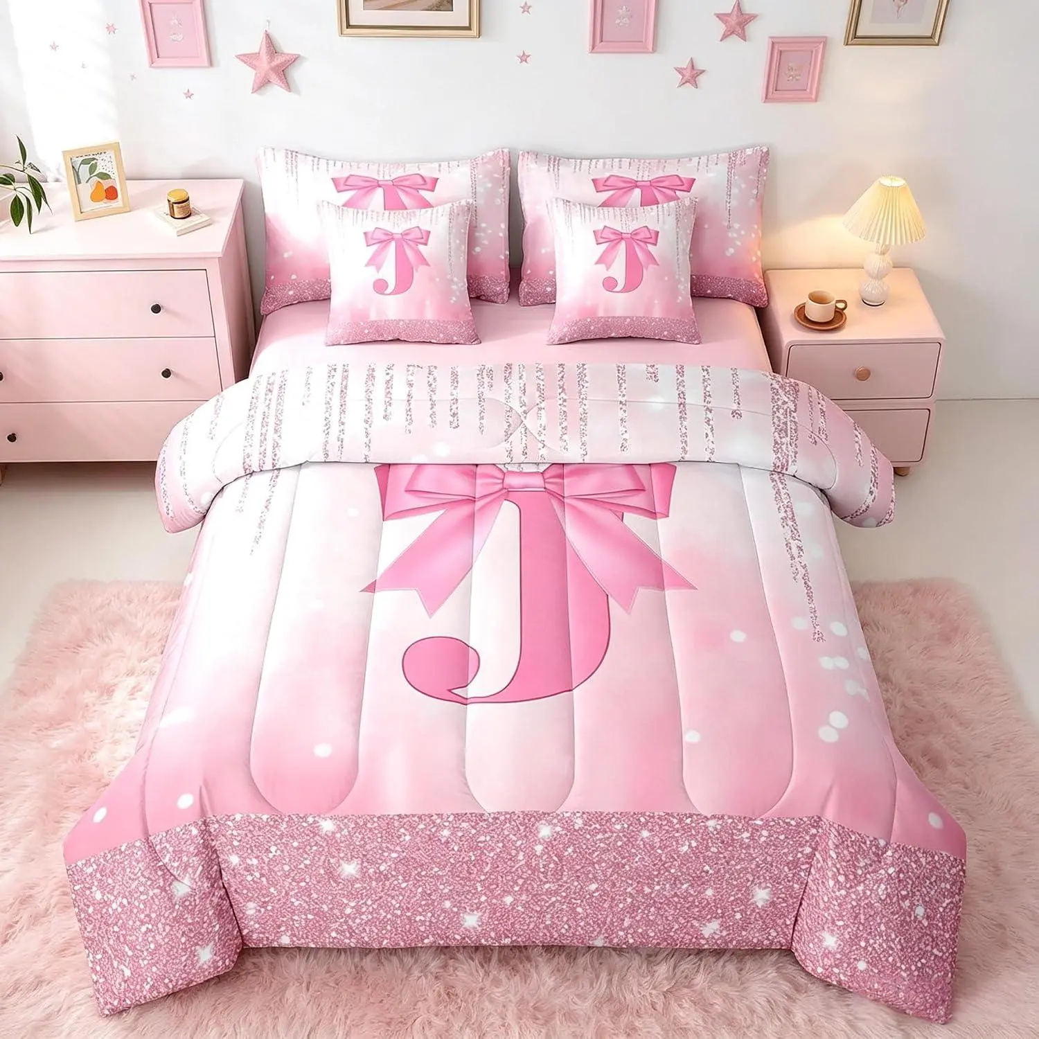 Pink Bowknot Bed in A Bag,Personalized Initial J Comforter Set with Sheets Princess Glitter 7 Pieces Bedding Set Bow Alphabet Bed Set Bedroom Decor 7Pcs