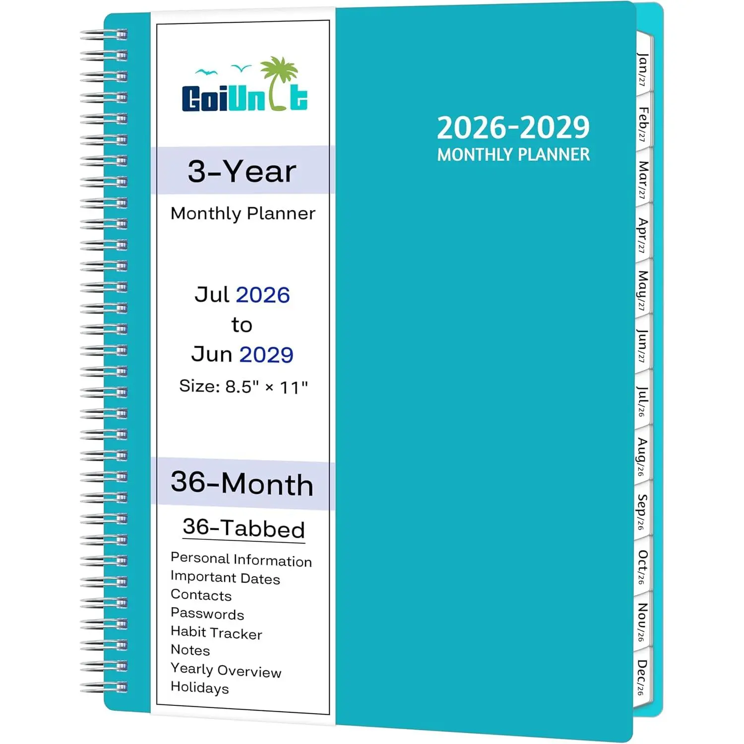 Monthly Planner 2026-2029, 36 Months Calendar Planner 2026-2029 from Jul 2026 - Jun 2029, 8.5'' x 11'' with Ruled Spread, Flexible Cover, Spiral Wirebound, Pocket, Coated Tabs, Notes & Habit