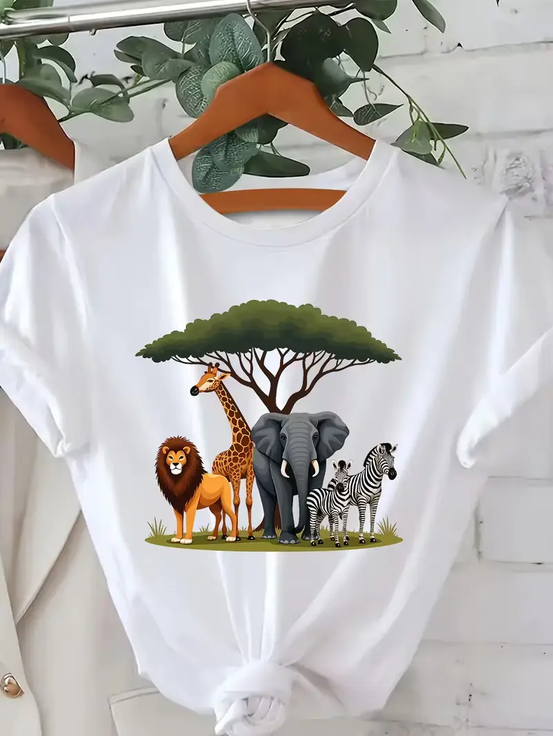 African Safari Wild Animals Graphic T-Shirt, Lion Elephant Giraffe Zebra Under Acacia Tree Tee, Gift For Zoo Wildlife Animal Lovers Men Women