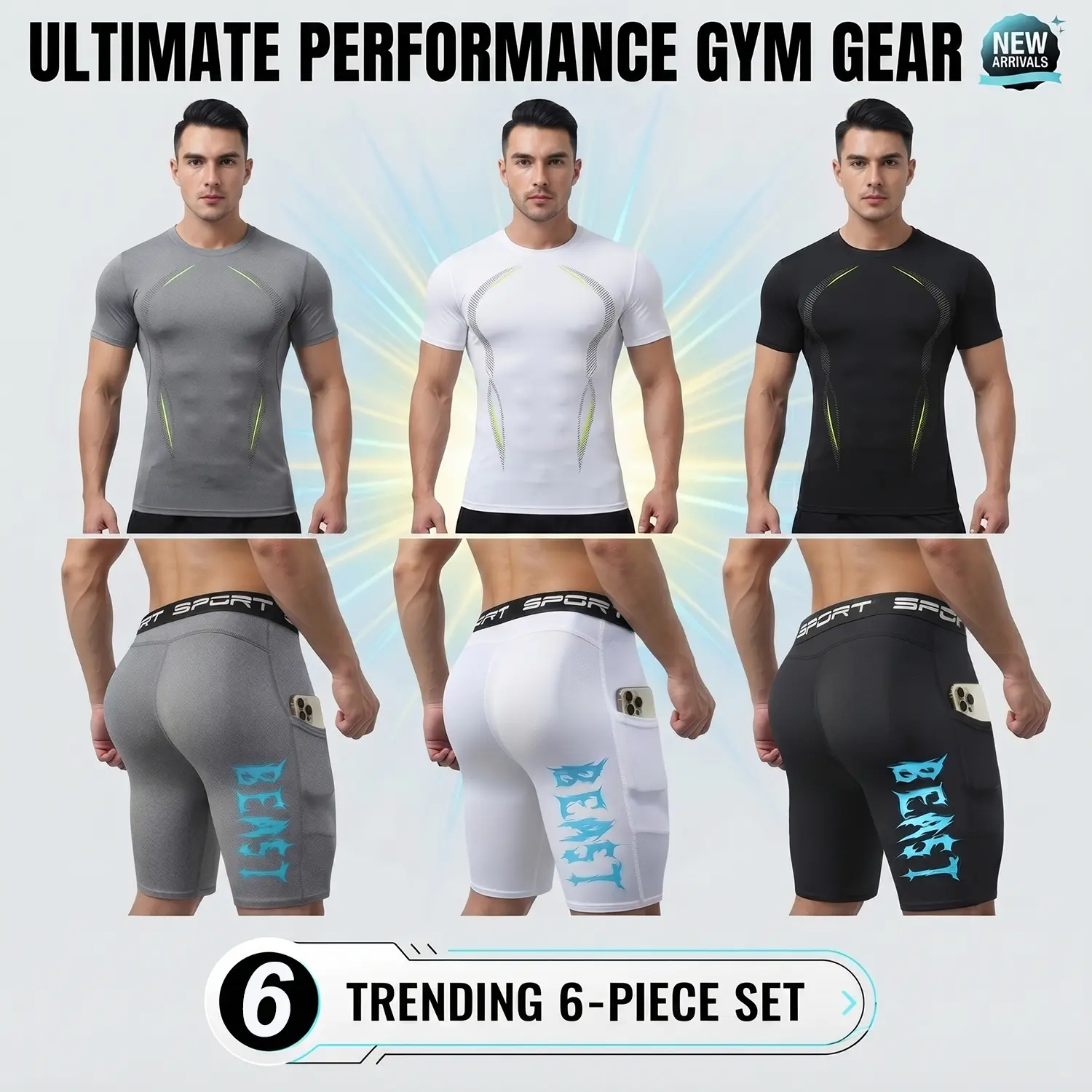 6-Piece Men’s Athletic Compression Gym Set, Short Sleeve Workout Shirts & Compression Shorts with Phone Pocket Bundle