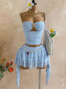 Women's Vacation Casual Short Skirt & Hollow Out Bralette Set, Feminine, Metal Starfish Accessory, Beach, Seaside, Date Night, Holiday, Wedding Season