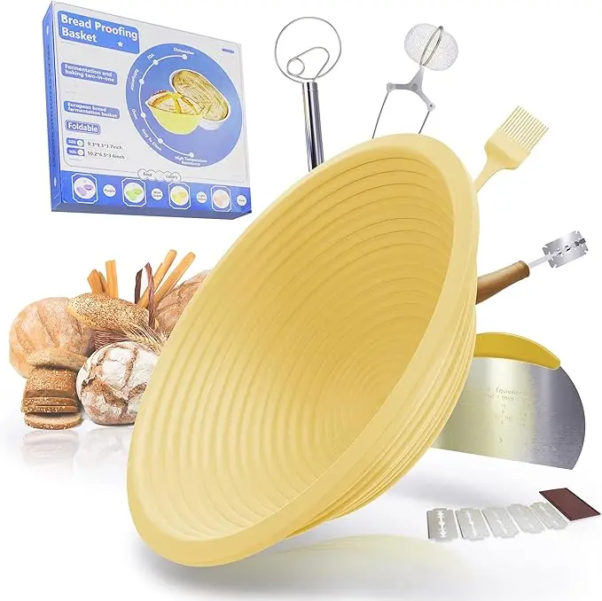Silicone Banneton Basket - 9 Inch Non-Stick Bakeware Utensils for Baking Supplies with Sourdough Starter Kit Baked