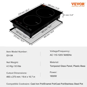 【FathersDayGift】 VEVOR Built-in Electric Induction Cooktop, 12-in Double Burner, 1800W Magnetic Stove Top with 9 Heating Levels, LED Touch Screen, Child Lock & Over-Temperature Protection
