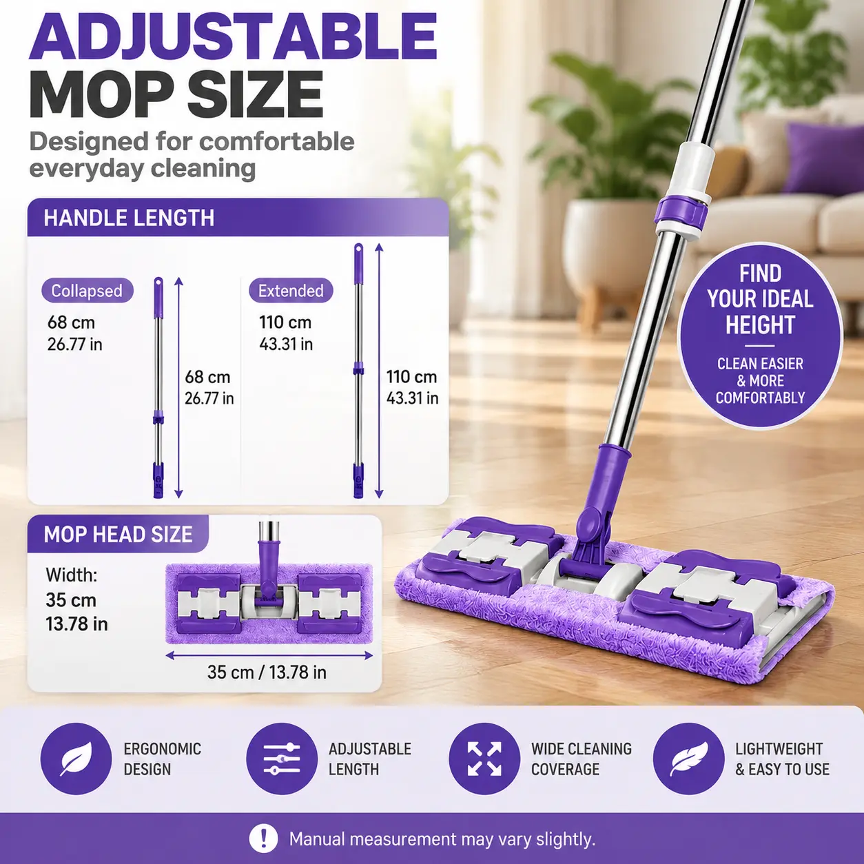 Microfiber Floor Mop with 4 Washable Pads, Wet and Dry Flat Mop for Home Cleaning, 360 Degree Rotating Dust Mop with Long Adjustable Handle for Hardwood, Kitchen, Bathroom and Tile Floors