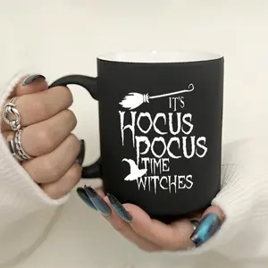 Ceramic Funny Mug, 1 Count Hocus Pocus Time Witches Letter Pattern Coffee Mug, Drinking Cup for Home Office Use, Creative Party Gift
