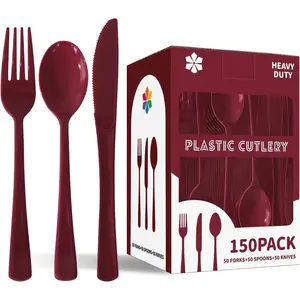 150 Pack Plastic Silverware,Disposable Cutlery Set Heavy Duty Utensil Sets 50 Forks 50  50 Spoons for Brithday, Wedding, School Party Picnics Restaurant Outdoor Events (Burgundy)