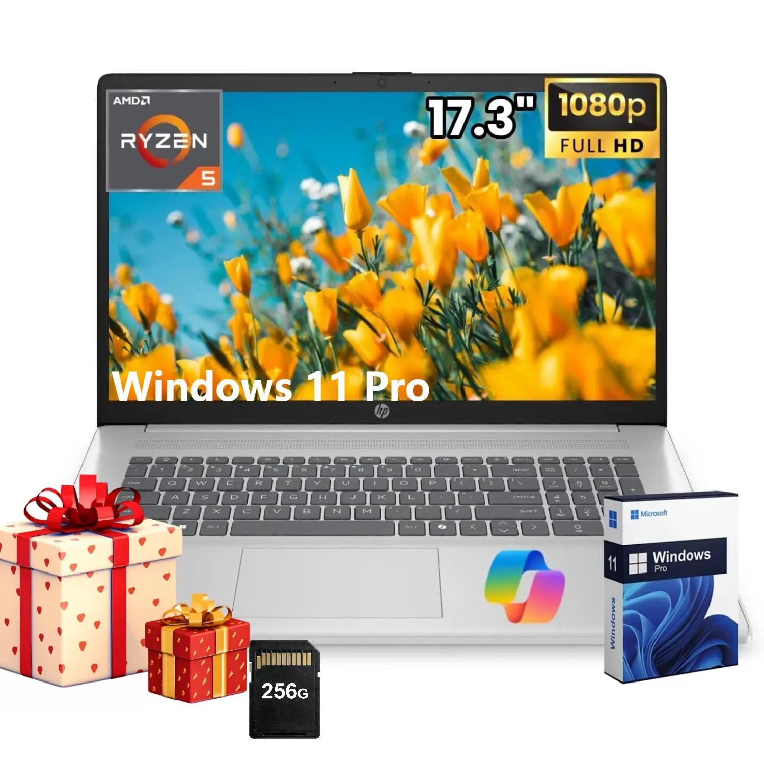 HP 17-inch Laptop for Business and Student -  Windows 11 Pro, Wi-Fi 6, up to 32GB RAM, 512GB SSD, AMD Ryzen 5 7430U, Fast Charge, 17.3” FHD Anti-Glare Display,Bundle Accessory
