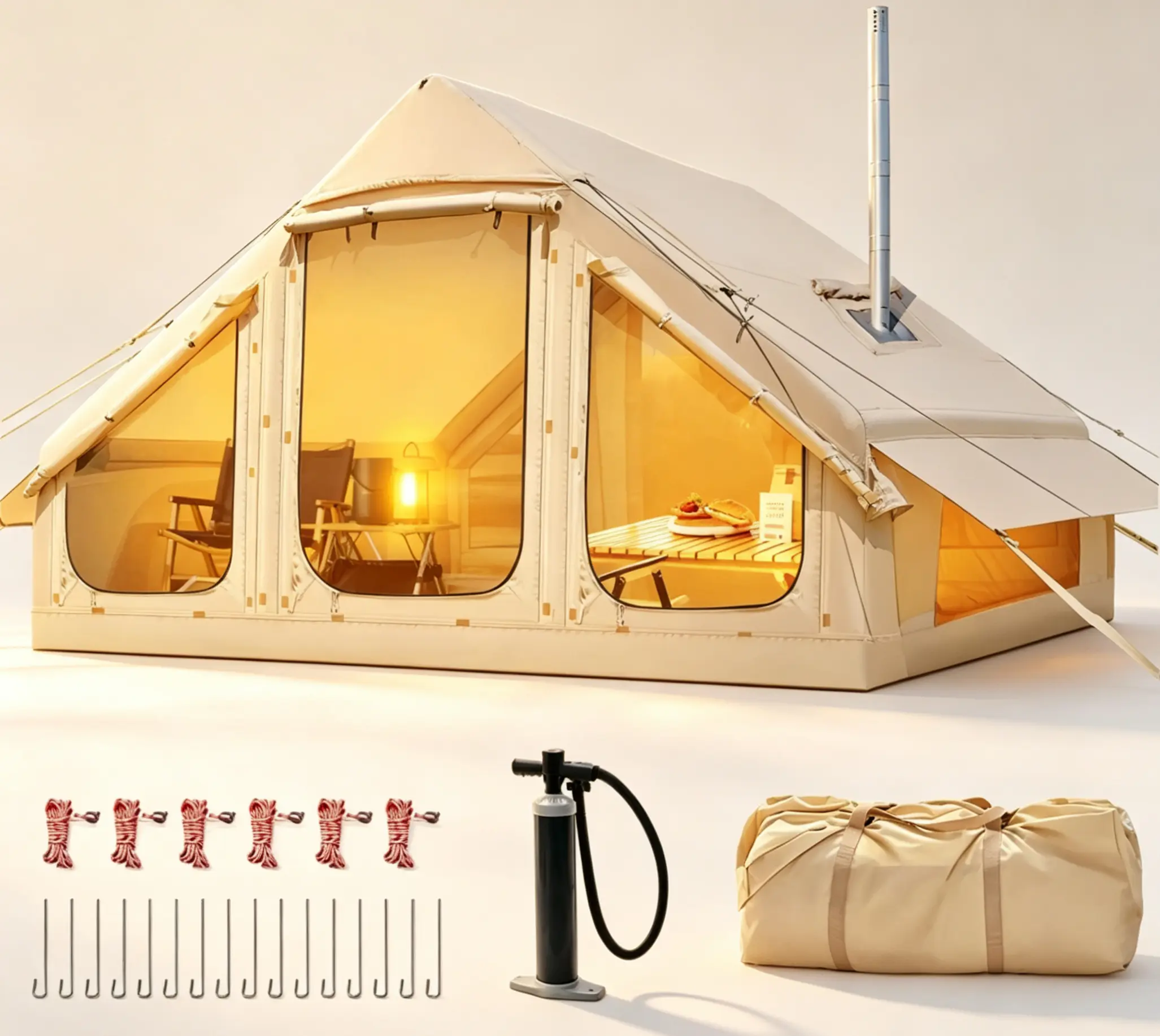 Large Inflatable Camping Tent with Pump, Glamping Tents with Stove Jack, Easy Set up 4 Season Waterproof Windproof Outdoor Gazebo, Luxury Cabin Tent with Removable Mesh Windows & Doors for Beach, Backyard, Sleepovers, Camping