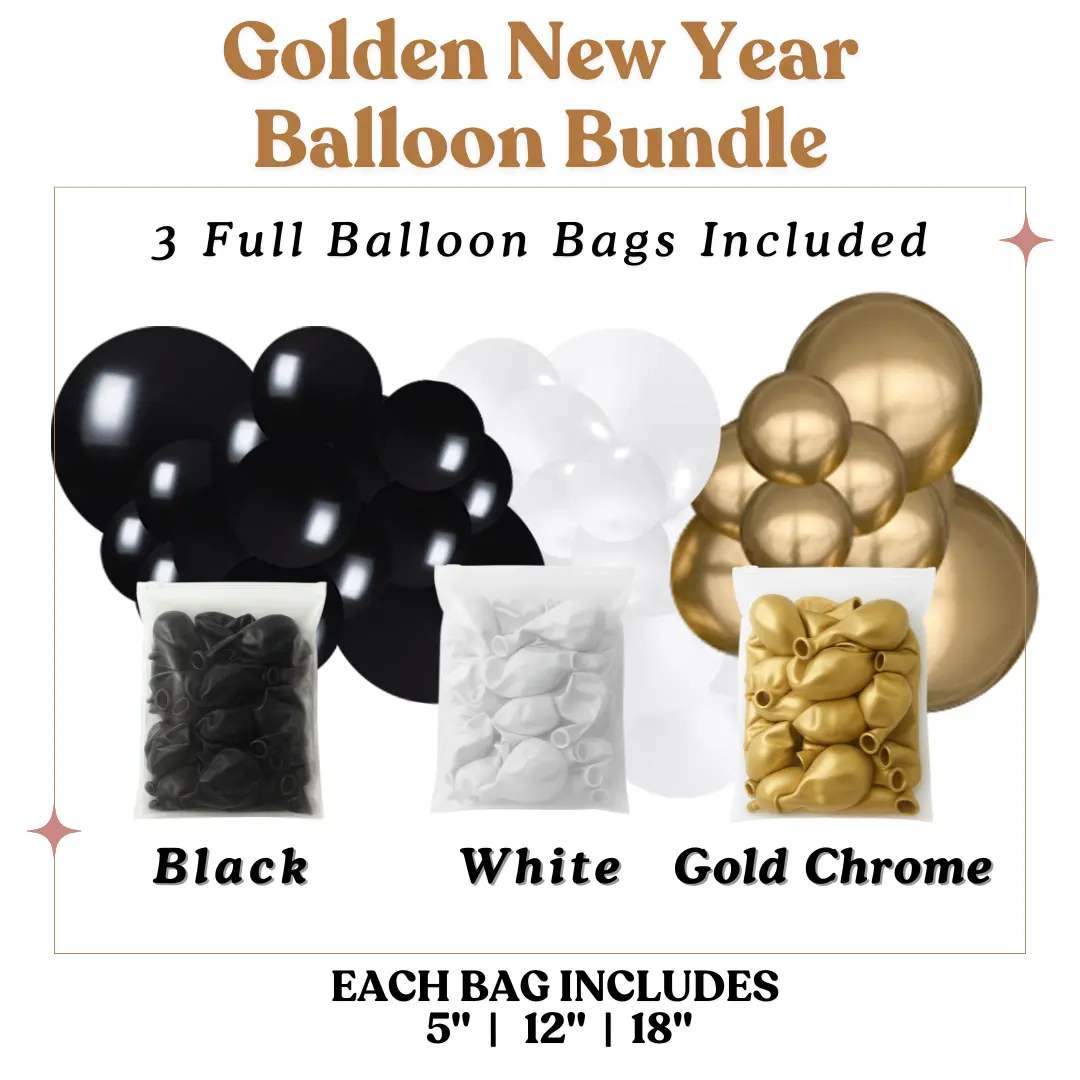 Golden New Year  Balloon Bundle - Black, White, Chrome Gold - Sizes 5"- 12"- 18" - Perfect for New Year Celebrations