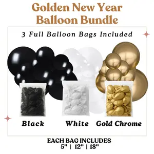 Golden New Year  Balloon Bundle - Black, White, Chrome Gold - Sizes 5"- 12"- 18" - Perfect for New Year Celebrations