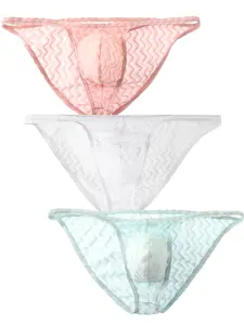 Men's 3-Pack Ultra-Thin Lace Mesh Breathable Elastic Slim Fit Sporty Summer Shorts, Sexy Fashion Bikini Trendy Wild Underwear